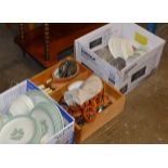 3 BOXES WITH QUANTITY WEDGWOOD DINNER WARE, USING CUTLERY, DECANTERS, CRYSTAL VASE ETC