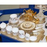 2 TRAYS CONTAINING 3 PIECE GILT SADLER TEA SERVICE, BELLEEK PORCELAIN JUG, QUANTITY MINTON'S TEA