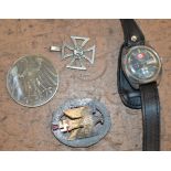 OLD GERMAN WRIST WATCH, GERMAN BADGE MARKED 925, MEDALLION & 1 OTHER BADGE