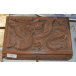 DECORATIVE CHINESE WOODEN BOX WITH DRAGON DESIGN IN HIGH RELIEF