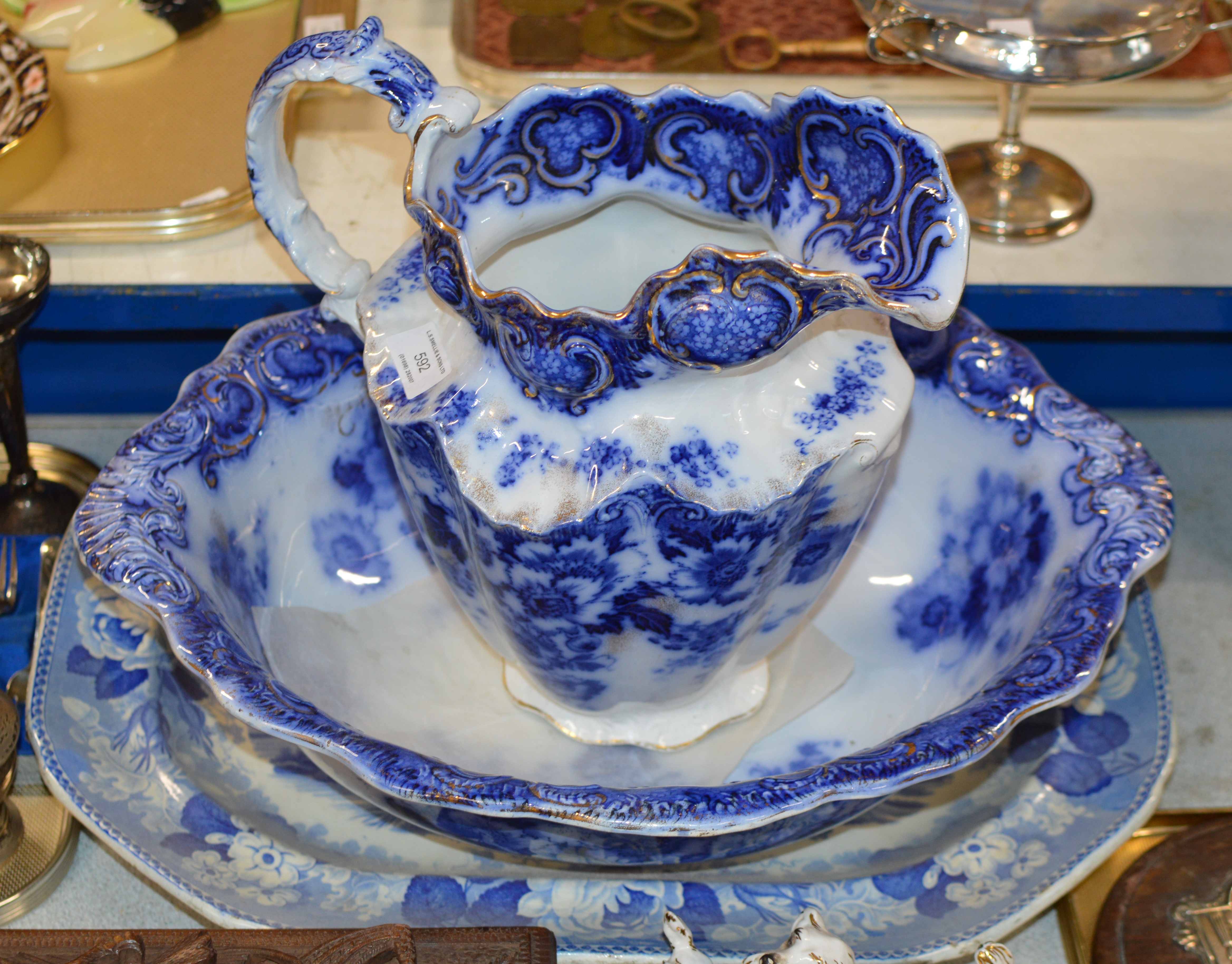 LARGE BLUE & WHITE ASHET, BLUE & WHITE BASIN & EWER