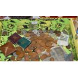 BOX WITH VARIOUS COINAGE, BANK NOTES, COMMEMORATIVE MEDALS, SPECTACLES ETC