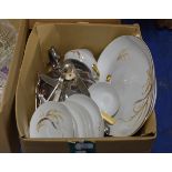 BOX CONTAINING EP CUTLERY, EP TEA POT & QUANTITY ORIENTAL DINNER WARE