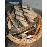 WICKER BASKET WITH MODEL SHIP DISPLAY, ORIENTAL BOX, CANDELABRA ETC