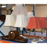 6 VARIOUS TABLE LAMPS & MAHOGANY CASED MANTLE CLOCK