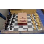 MARBLE CHESS BOARD WITH BOXED SET OF STAUNTON WOODEN CHESS PIECES