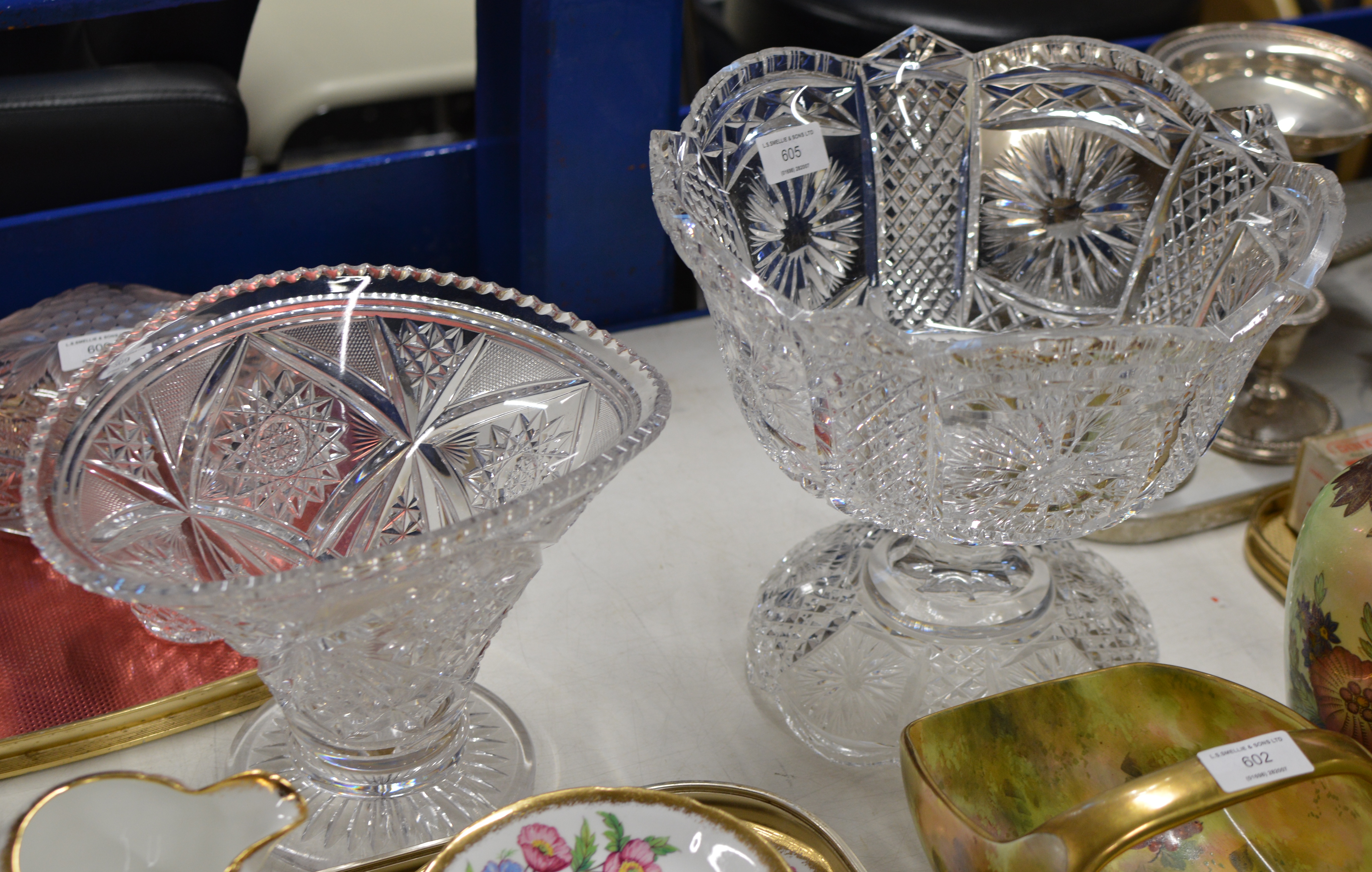 LARGE CUT CRYSTAL PEDESTAL BOWL & LARGE CUT CRYSTAL VASE