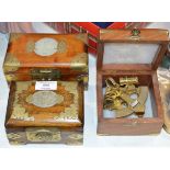 2 CHINESE JADE INSET JEWELLERY BOXES & MINIATURE BRASS SEXTANT IN BOX