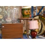 EASTERN OCCASIONAL TABLE, VARIOUS MIRRORS, 2 SMALL PICTURES, PLANTER WITH STAND, WOODEN BOX &