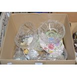 BOX WITH SILVER BRUSH, PIERCED BASKET, EP WARE, CRYSTAL WARE, HAND PAINTED DISHES ETC