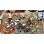 TRAY CONTAINING ASSORTED COSTUME JEWELLERY, VARIOUS WRIST WATCHES, BEADS, EARRINGS ETC