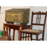 NEST OF 3 YEW WOOD TABLES, SINGLE CHAIR & BRASS FINISHED COAL BOX