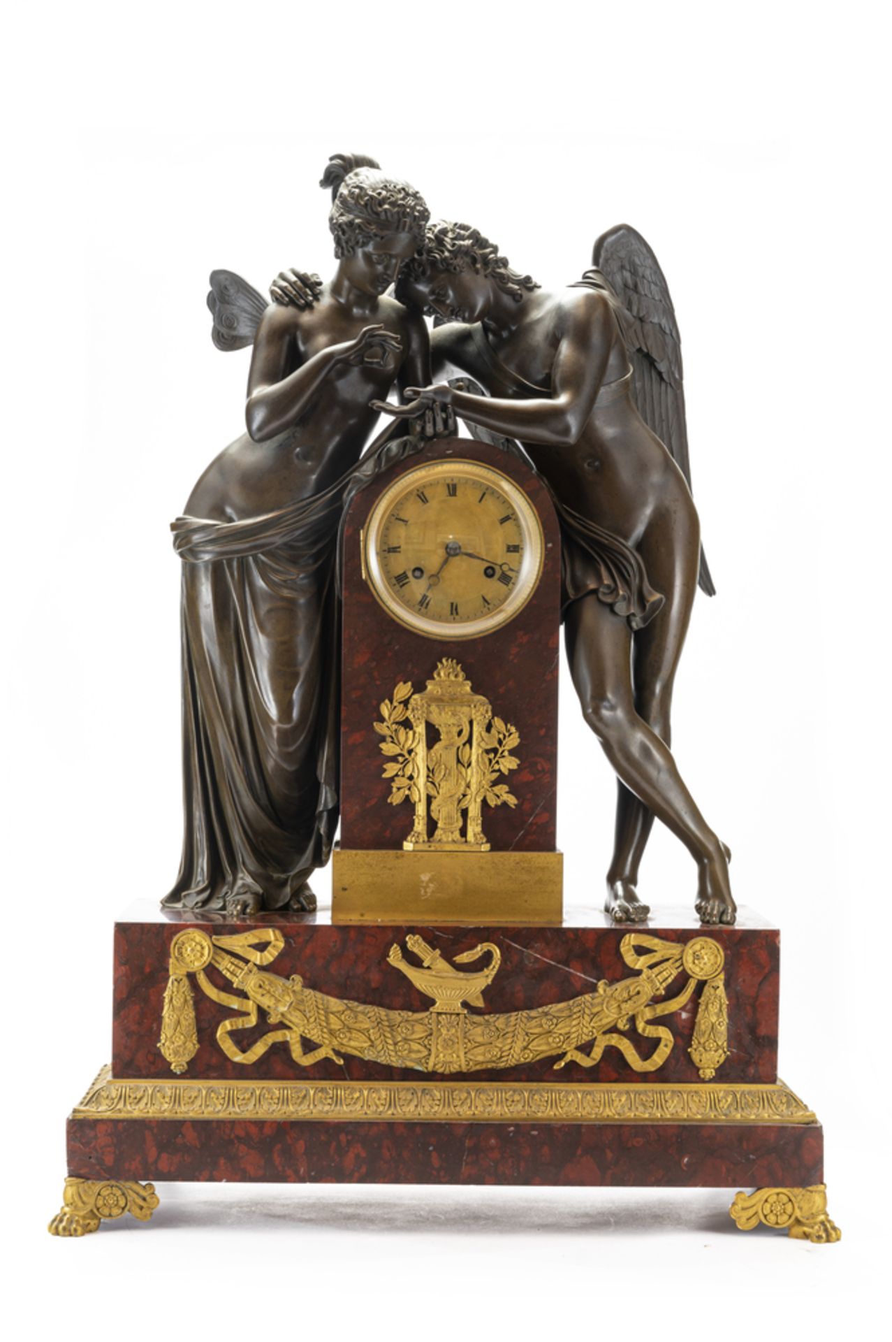 Orologio da appoggio Impero francese in bronzo e marmo rosso griotte