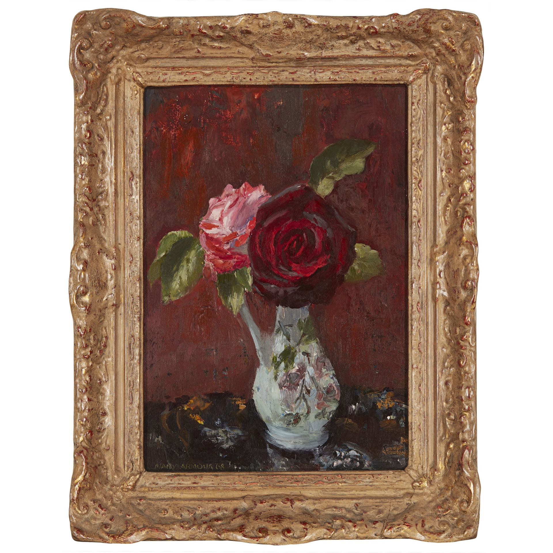 § MARY NICOL NEILL ARMOUR R.S.A., R.S.W (SCOTTISH 1902-2000) STILL LIFE WITH RED AND PINK ROSES - - Image 2 of 3