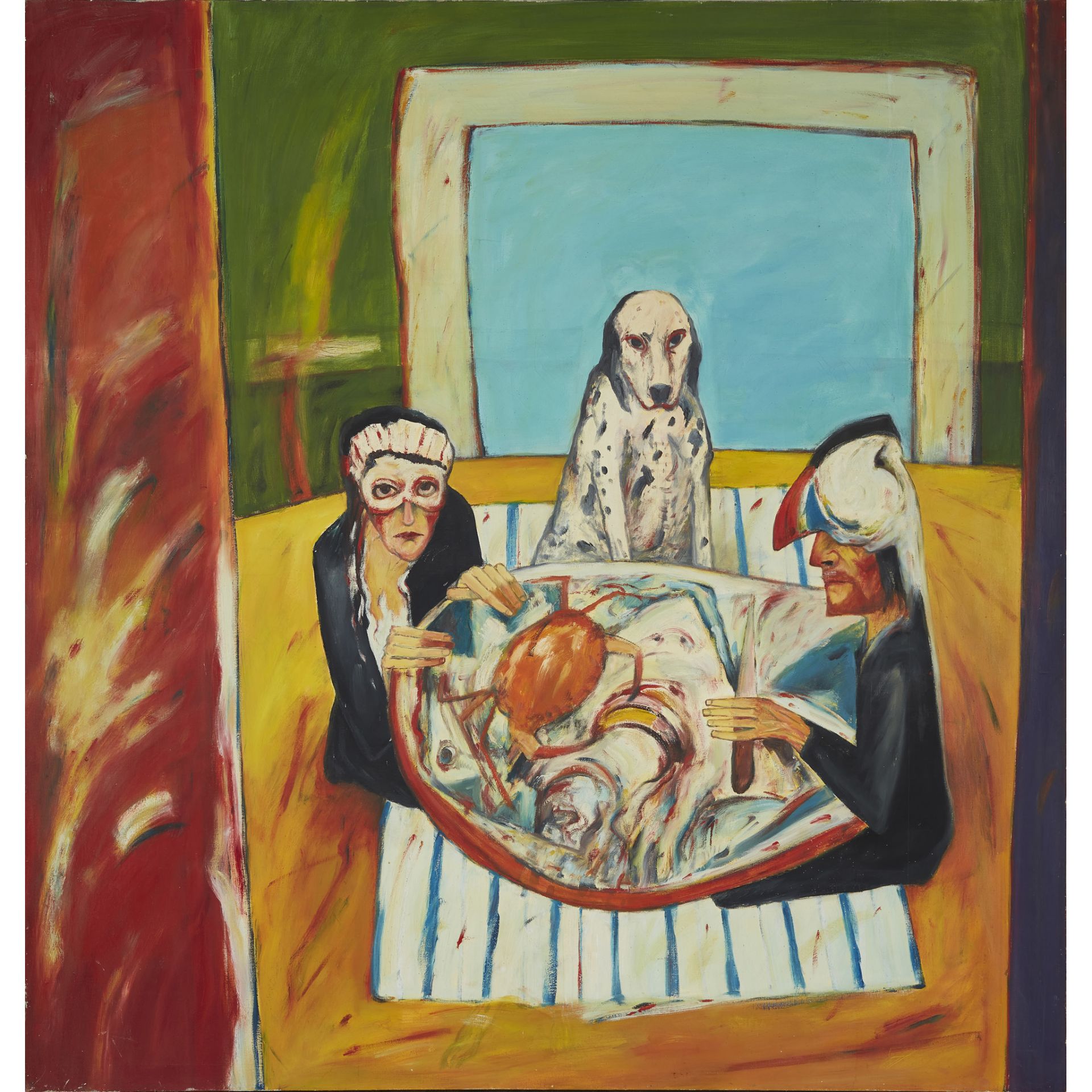 § JOHN BELLANY C.B.E., R.A. (SCOTTISH 1942-2013) SUPPER WITH DALMATION - 1973