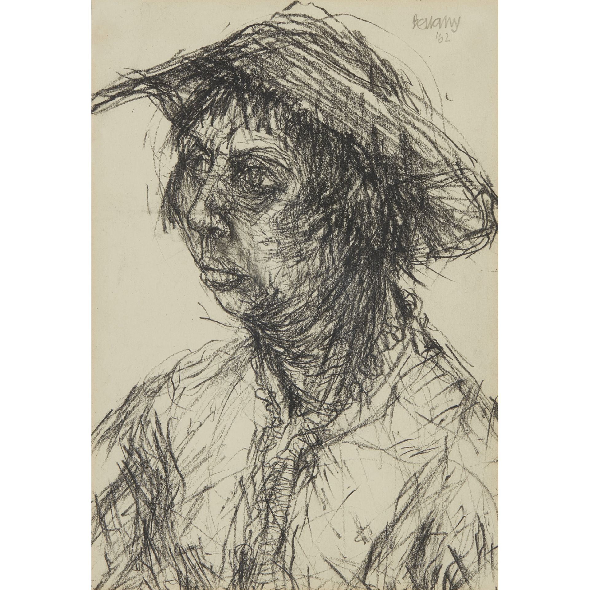§ JOHN BELLANY C.B.E., R.A. (SCOTTISH 1942-2013) PORTRAIT STUDY: WOMAN IN A HAT, POSSIBLY THE