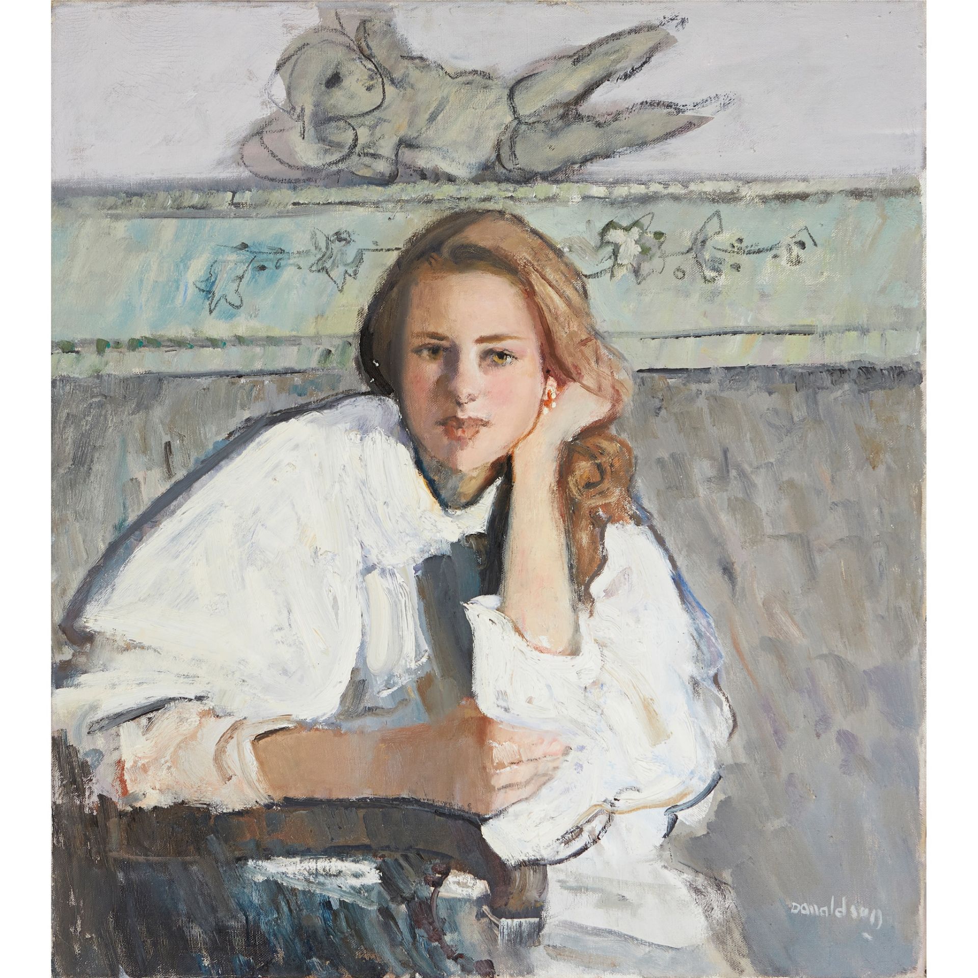 § DAVID DONALDSON R.S.A., R.P., L.L.D. (SCOTTISH 1936-1996) PORTRAIT OF A YOUNG LADY - Image 2 of 3