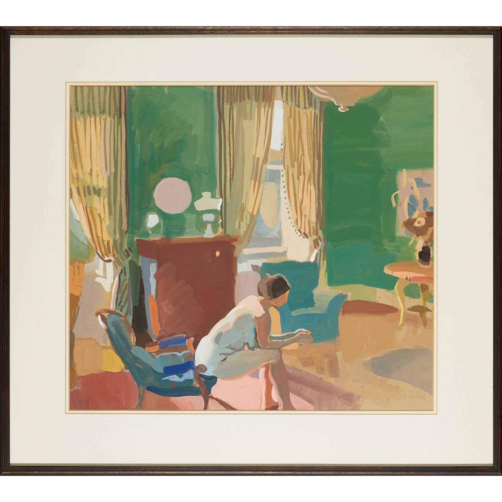 § ALEXANDER GOUDIE (SCOTTISH 1933-2004) NUDE IN GREEN DRAWING-ROOM - Image 2 of 3