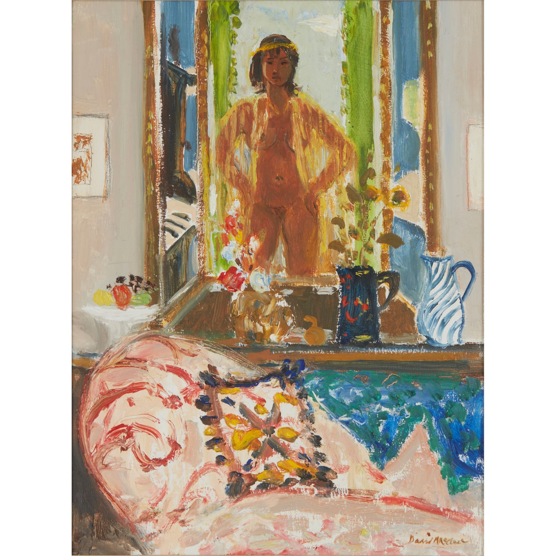 § DAVID MCCLURE R.S.A., R.S.W. (SCOTTISH 1926-1998) GIRL IN A MIRROR WITH PATTERNED SOFA - 1981