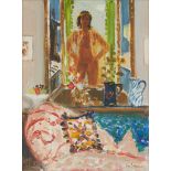 § DAVID MCCLURE R.S.A., R.S.W. (SCOTTISH 1926-1998) GIRL IN A MIRROR WITH PATTERNED SOFA - 1981