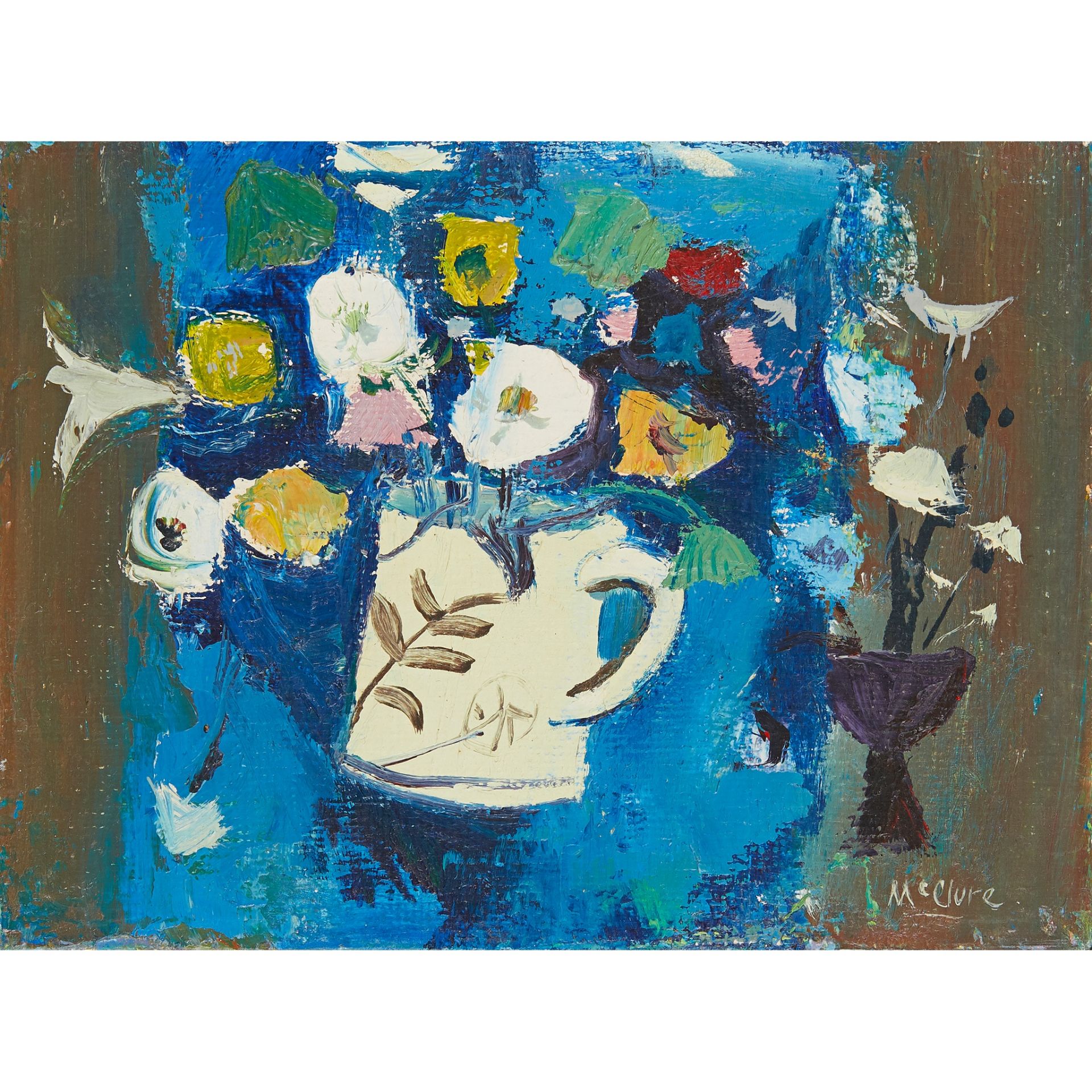 § DAVID MCCLURE R.S.A., R.S.W. (SCOTTISH 1926-1998) FLOWERS AND BIRD