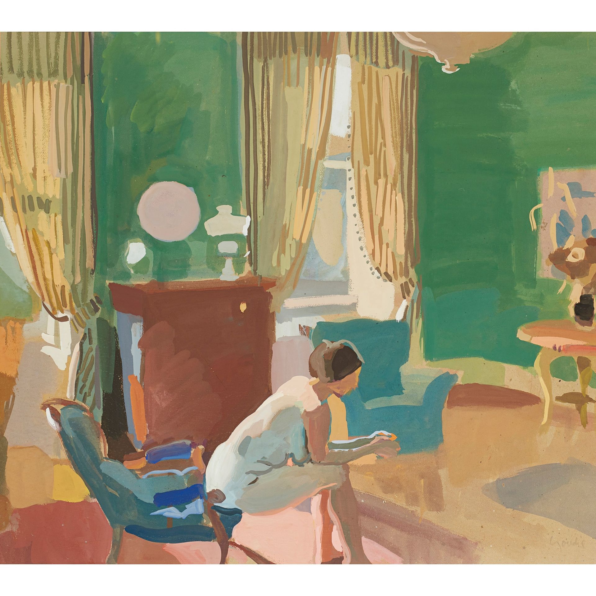 § ALEXANDER GOUDIE (SCOTTISH 1933-2004) NUDE IN GREEN DRAWING-ROOM