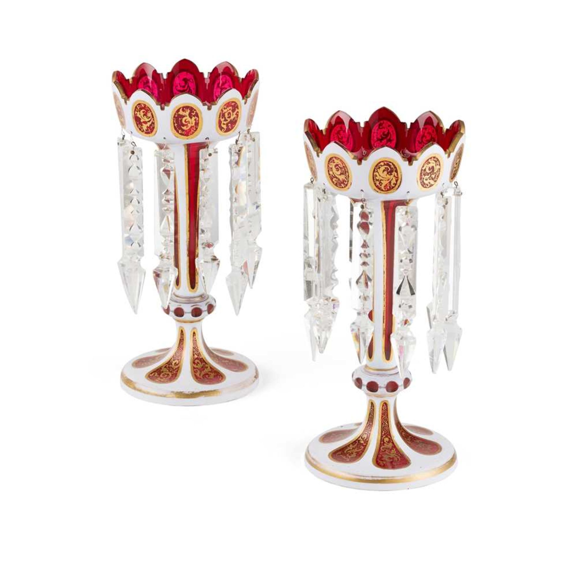 PAIR OF BOHEMIAN WHITE-OVER-RED GLASS LUSTRES LATE 19TH CENTURY