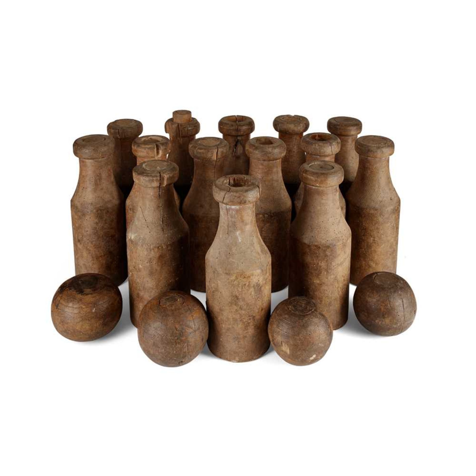 SET OF LARGE CARVED WOOD LAWN SKITTLES 19TH CENTURY