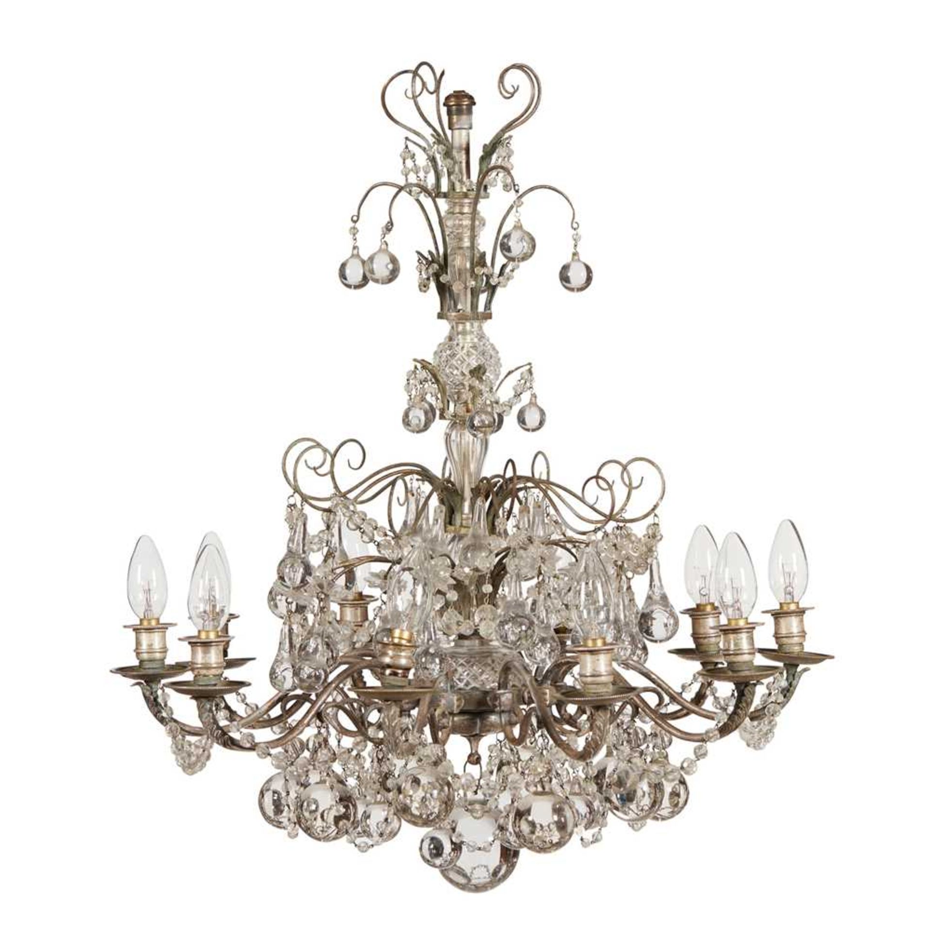 IRISH TEN LIGHT CRYSTAL AND SILVERED BRASS CHANDELIER 19TH CENTURY