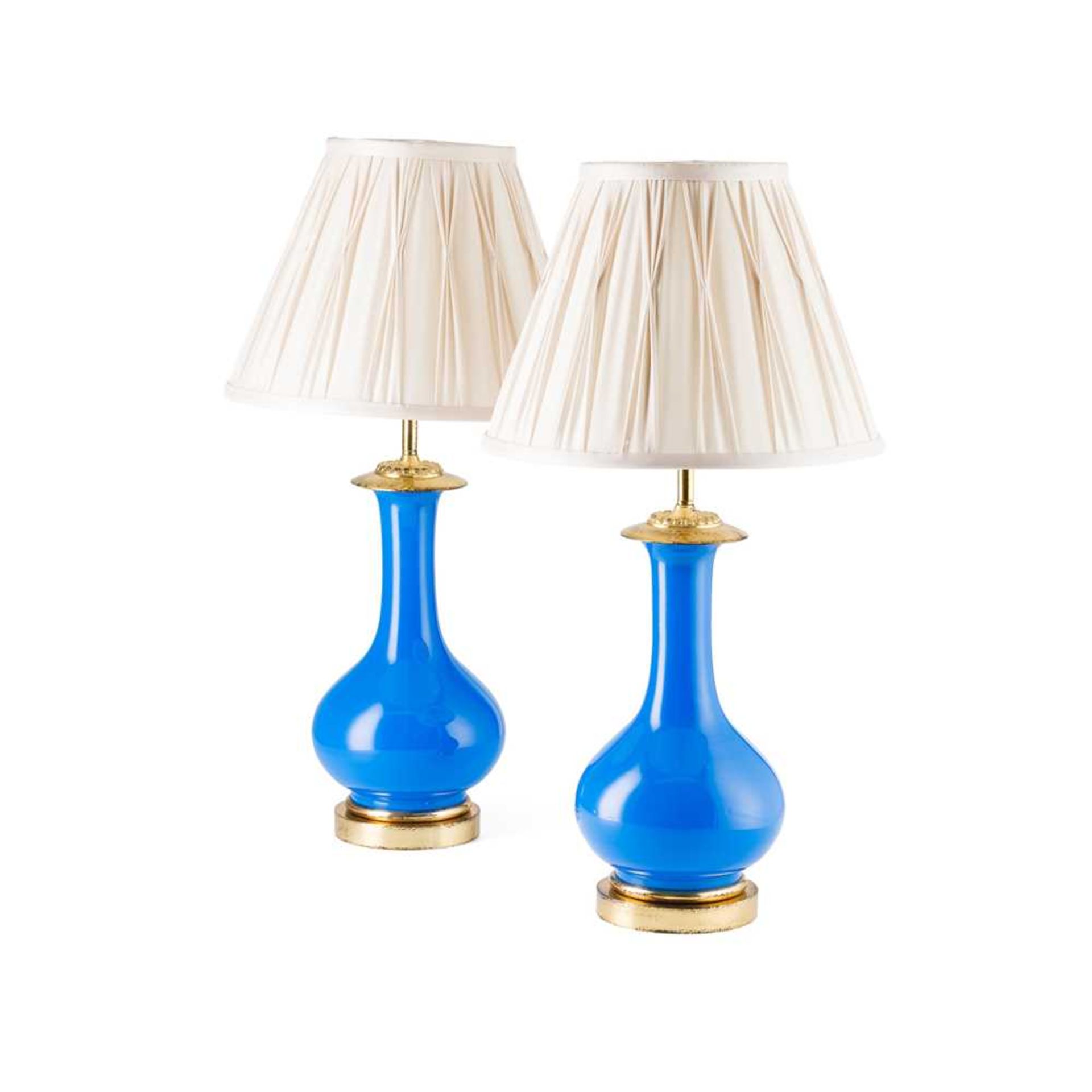 PAIR OF BLUE GLASS GILT METAL MOUNTED LAMPS LATE 19TH CENTURY