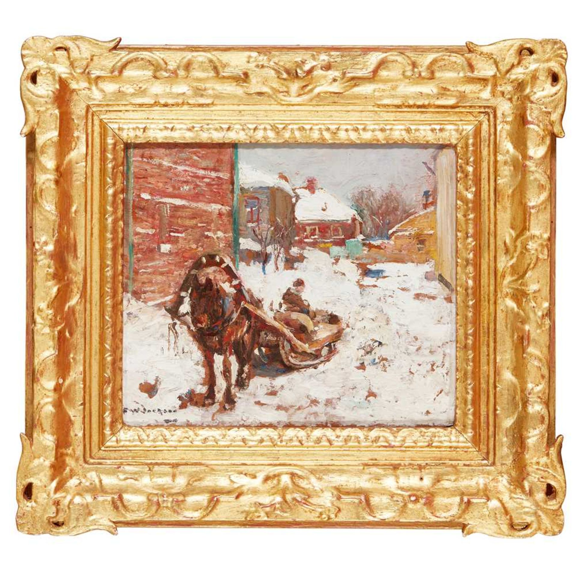 FREDERICK WILLIAM JACKSON R.B.A (BRITISH 1859-1918) HORSE DRAWN SLED IN THE SNOW RUSSIA - Image 2 of 3