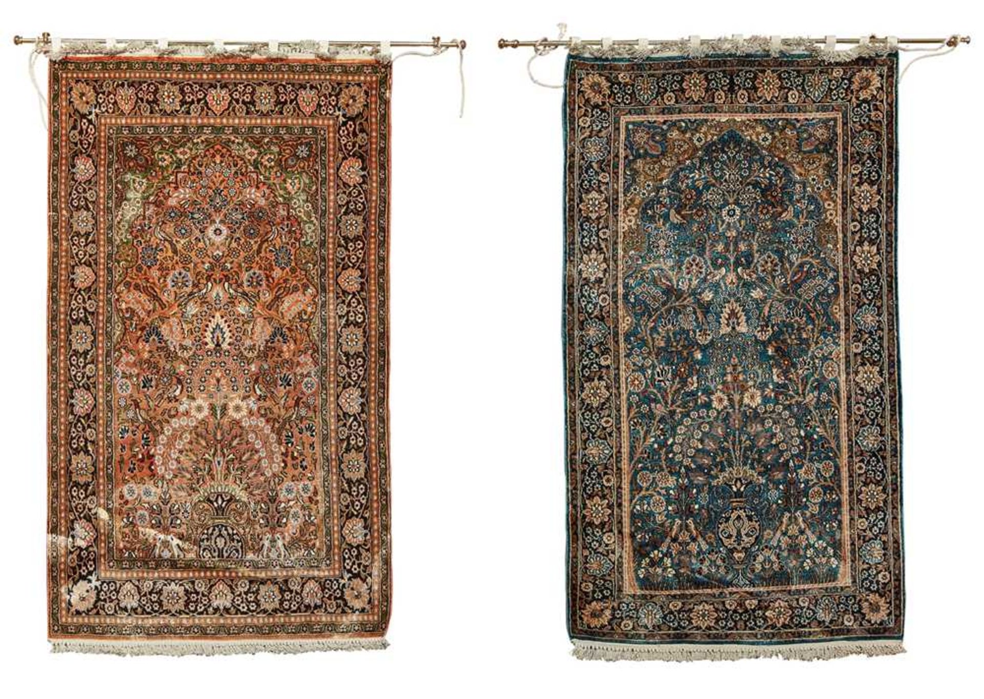 TWO SIMILAR HEREKE SILK PRAYER RUGS WEST ANATOLIA, LATE 20TH CENTURY