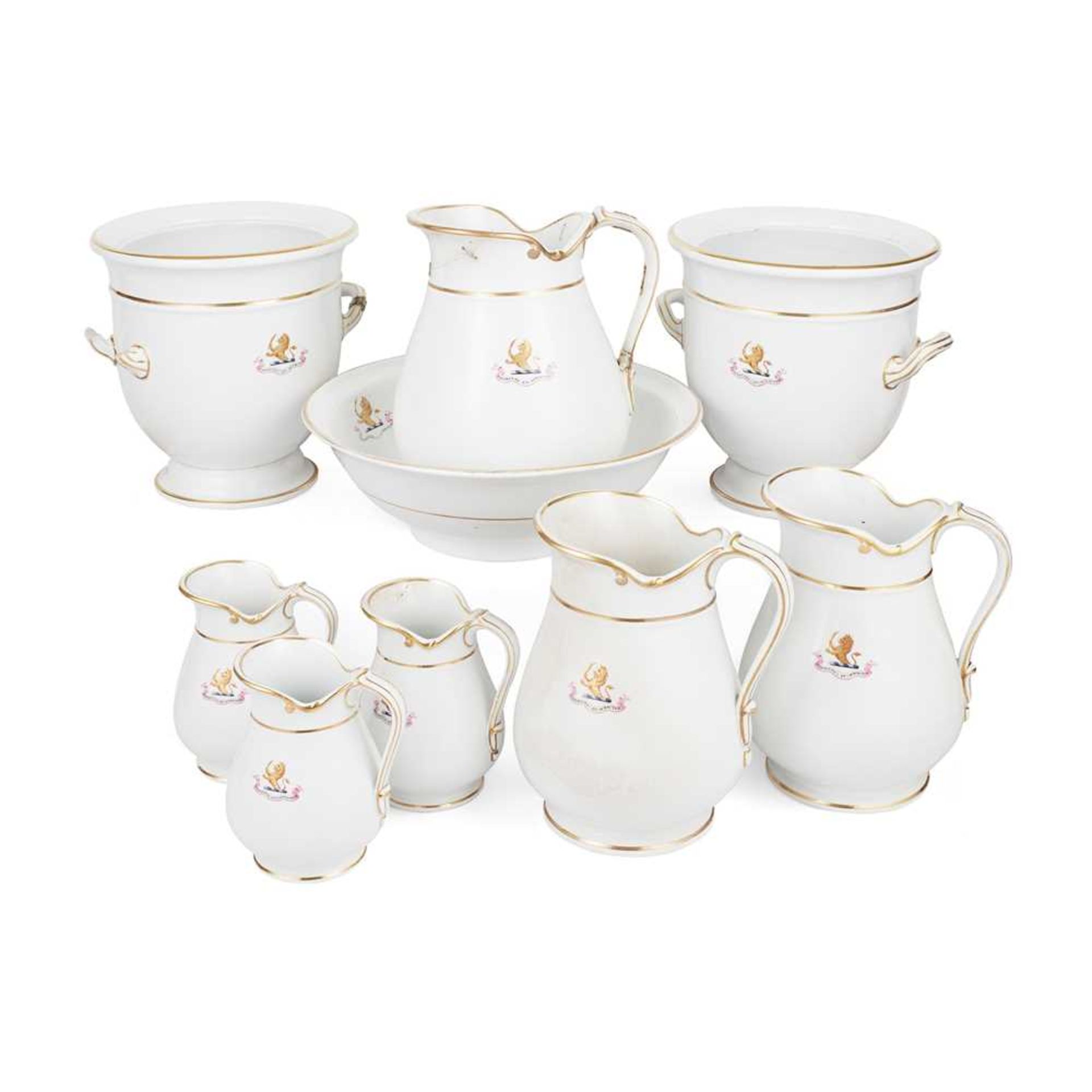 GROUP OF MINTON NEW STONE ARMORIAL TOILET SET ITEMS MID 19TH CENTURY