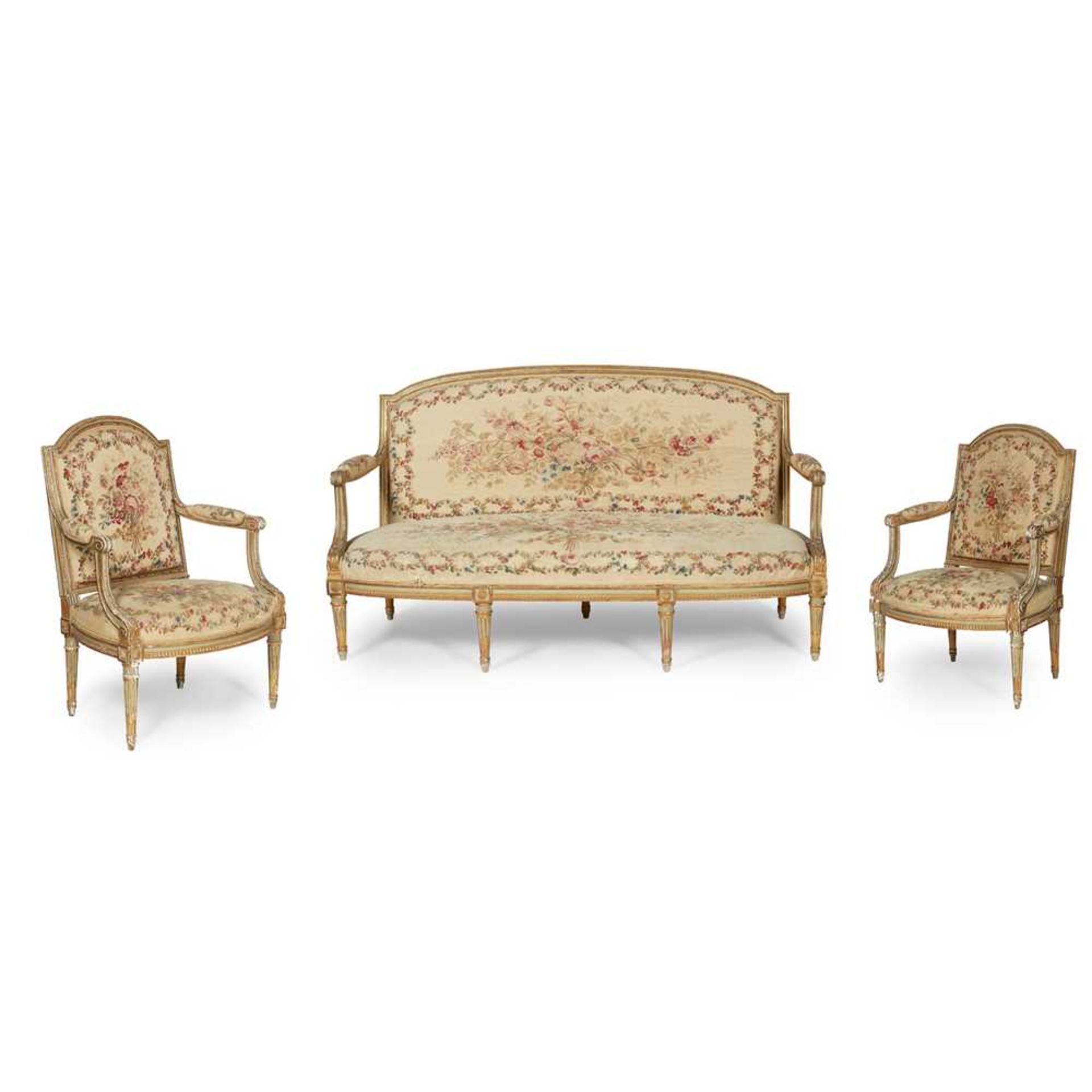 SUITE OF LOUIS XVI GILTWOOD AND AUBUSSON SEAT FURNITURE 19TH CENTURY
