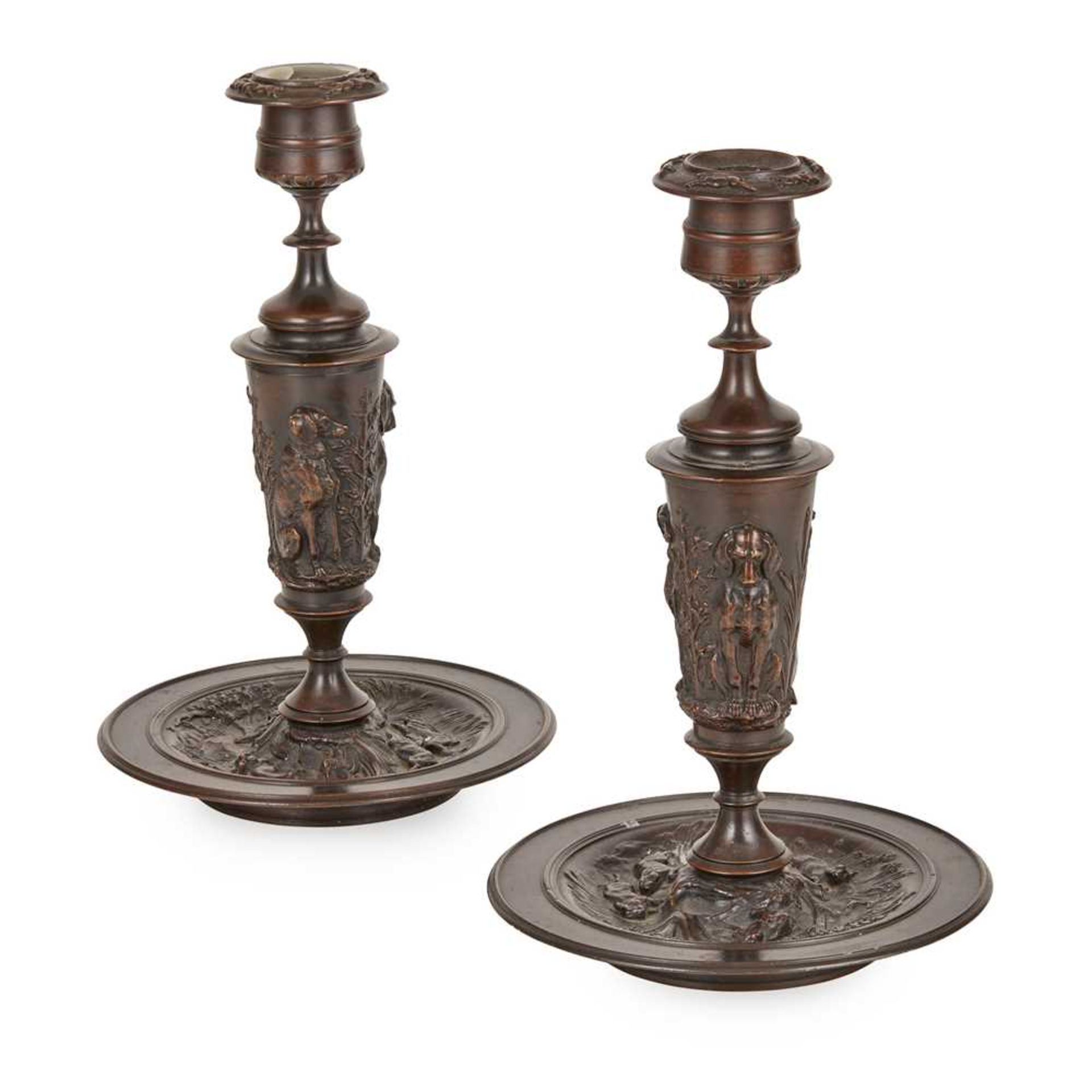 PAIR OF FRENCH BRONZE CANDLESTICKS, ATTRIBUTED TO JULES MOIGNIEZ 19TH CENTURY