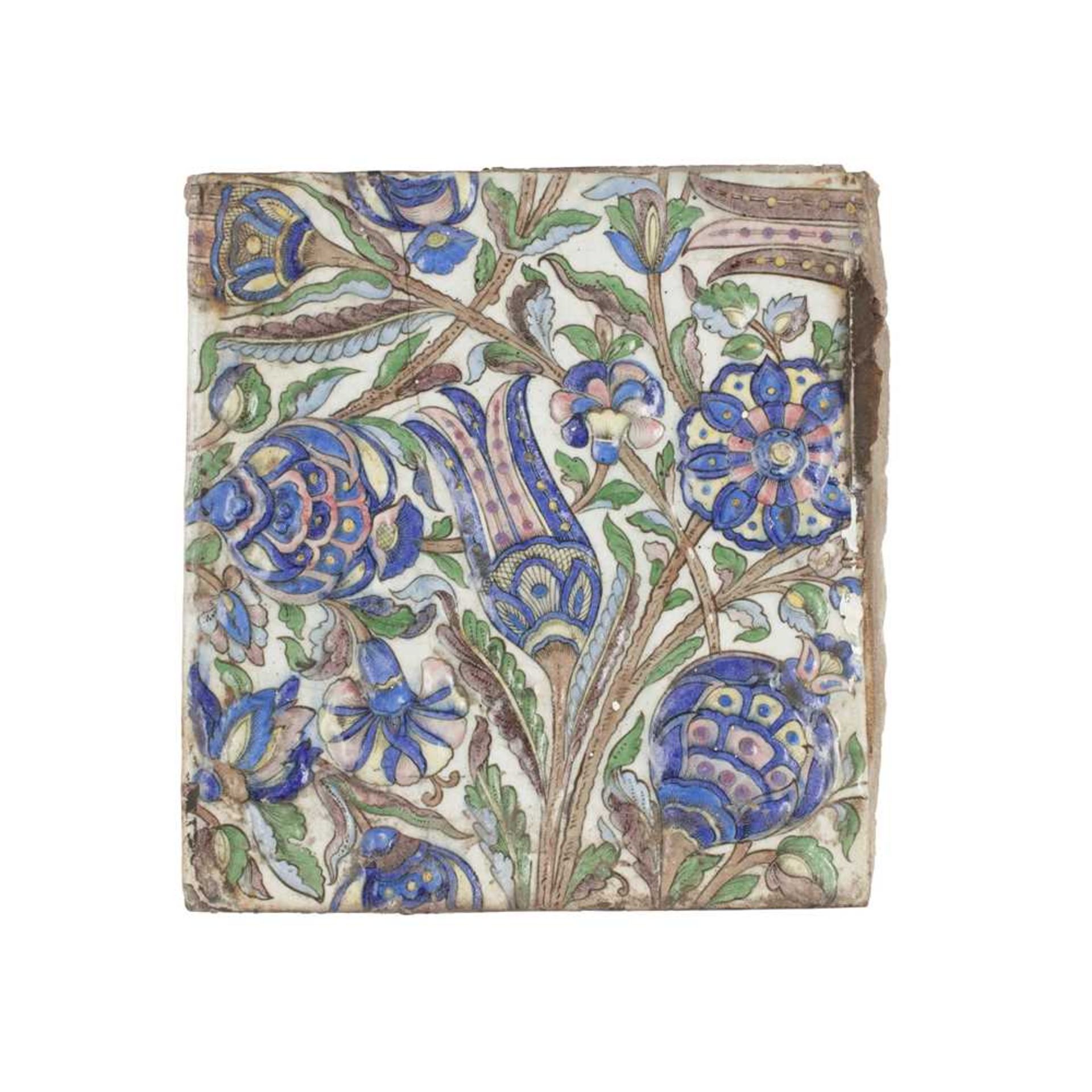 FOUR QAJAR POLYCHROME POTTERY IZNIK STYLE TILES PERSIA, 19TH CENTURY - Image 2 of 4