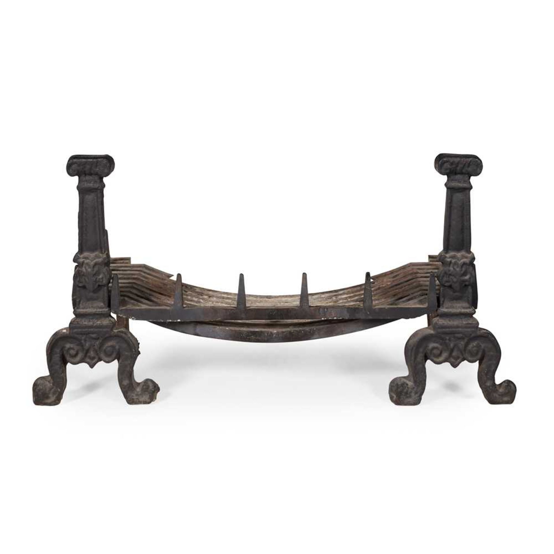 CAST IRON FIRE BACK, GRATE AND ANDIRONS MODERN - Image 2 of 3