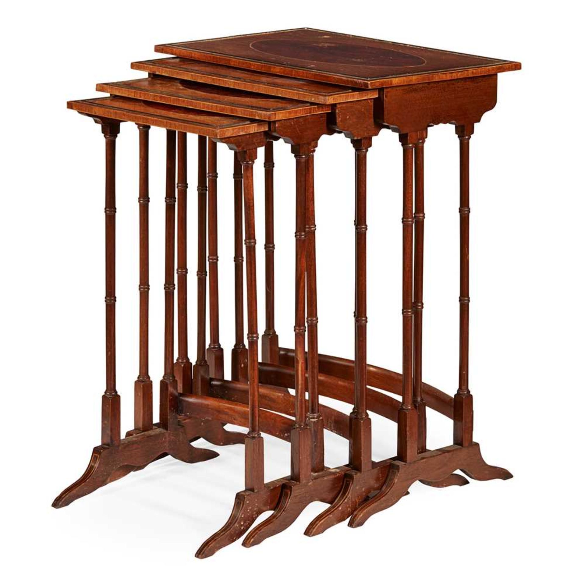 SET OF REGENCY STYLE SATINWOOD AND MAHOGANY INLAID NESTING TABLES 19TH CENTURY