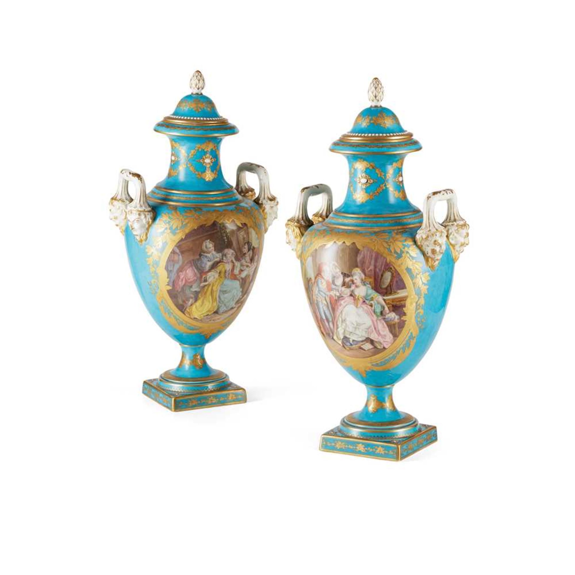 PAIR OF LARGE SÈVRES STYLE URNS AND COVERS 19TH CENTURY