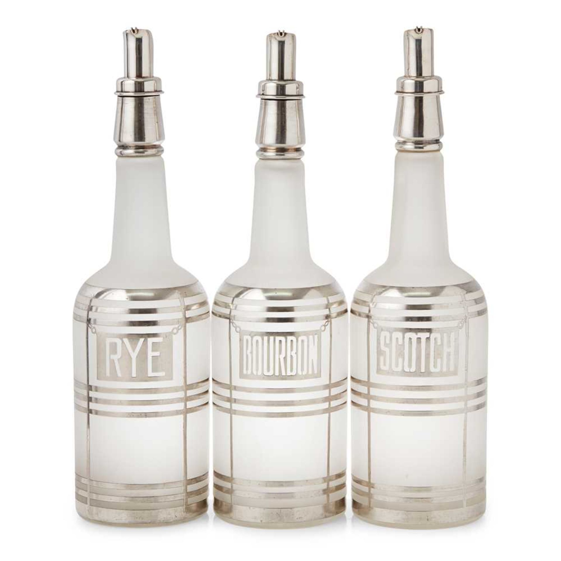 SET OF THREE AMERICAN ART DECO FROSTED GLASS, SILVER OVERLAY, AND SILVER PLATE MOUNTED DECANTER