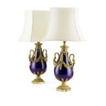 PAIR OF FRENCH COBALT GLAZED PORCELAIN AND GILT BRONZE MOUNTED LAMPS 19TH CENTURY