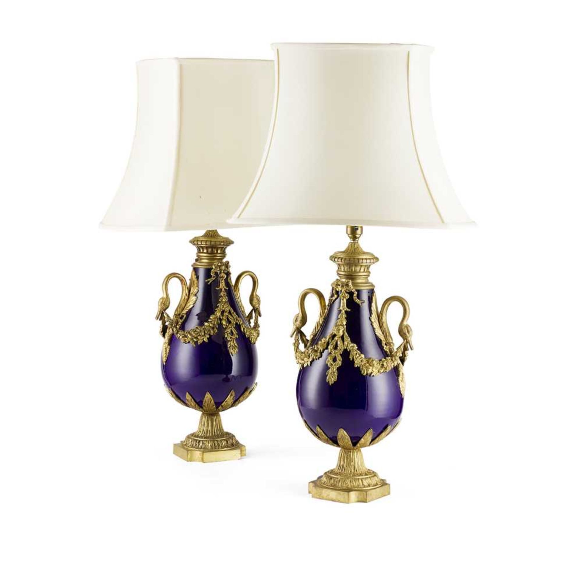 PAIR OF FRENCH COBALT GLAZED PORCELAIN AND GILT BRONZE MOUNTED LAMPS 19TH CENTURY