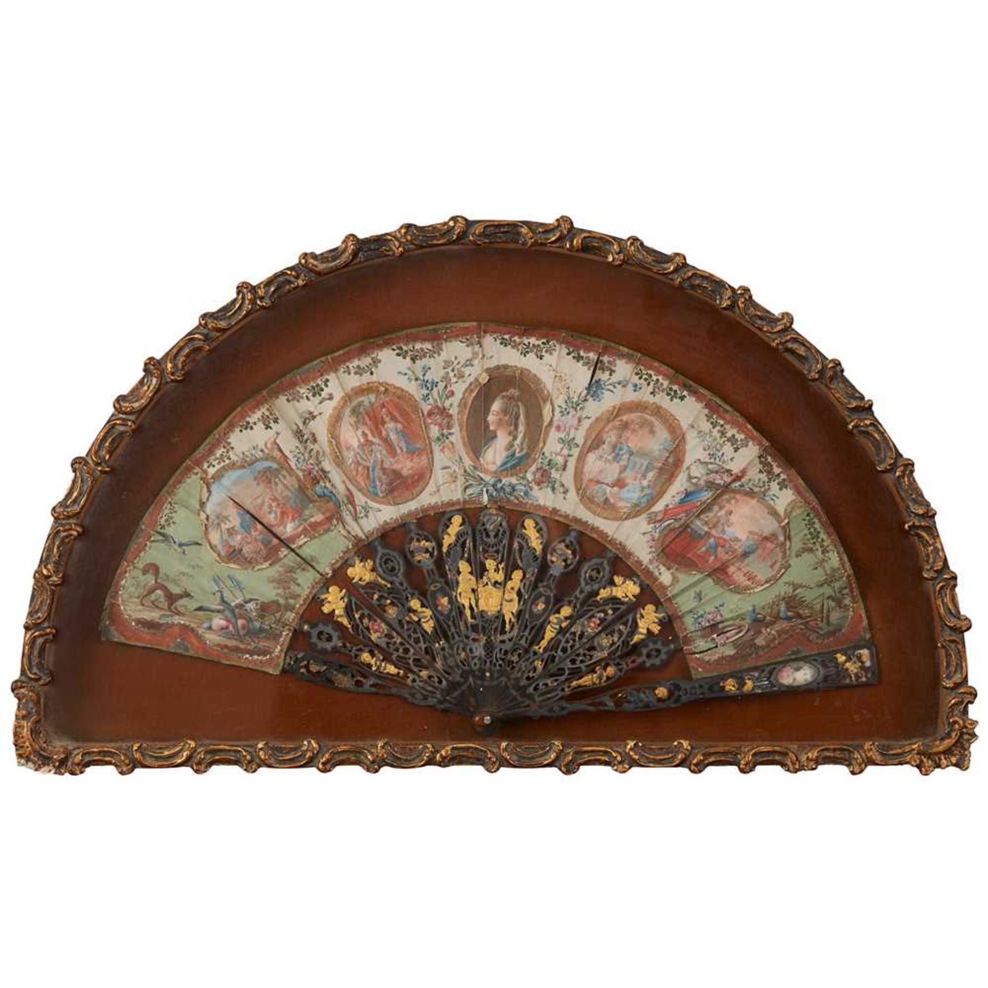 Y FRENCH CASED PAINTED TORTOISESHELL AND ABALONE FAN 18TH CENTURY