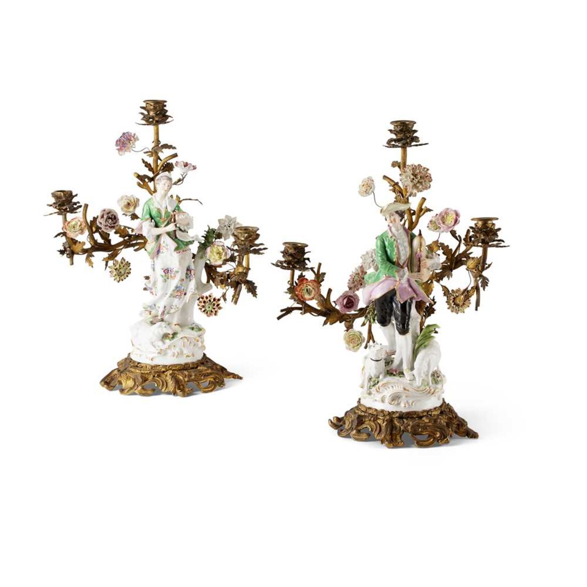 PAIR OF SAMSON DERBY STYLE PORCELAIN AND GILT BRONZE FIGURAL CANDELABRA LATE 19TH CENTURY