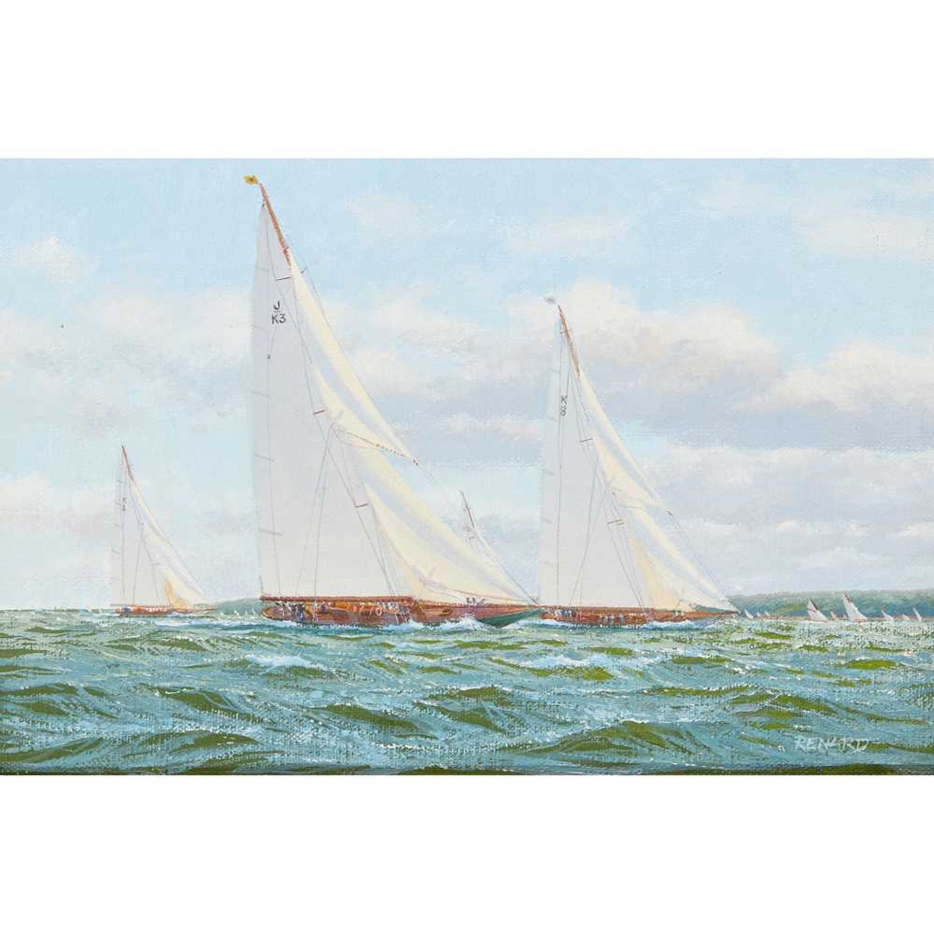 § STEPHEN J RENARD (BRITISH B. 1947) Shamrock V, Candida K8 and Endeavour K4 in full sail