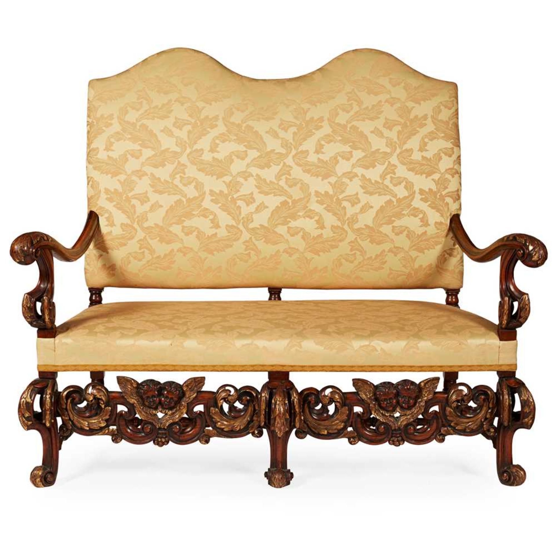 WILLIAM AND MARY STYLE PARCEL-GILT WALNUT DOUBLE CHAIRBACK SETTEE LATE 19TH/ EARLY 20TH CENTURY