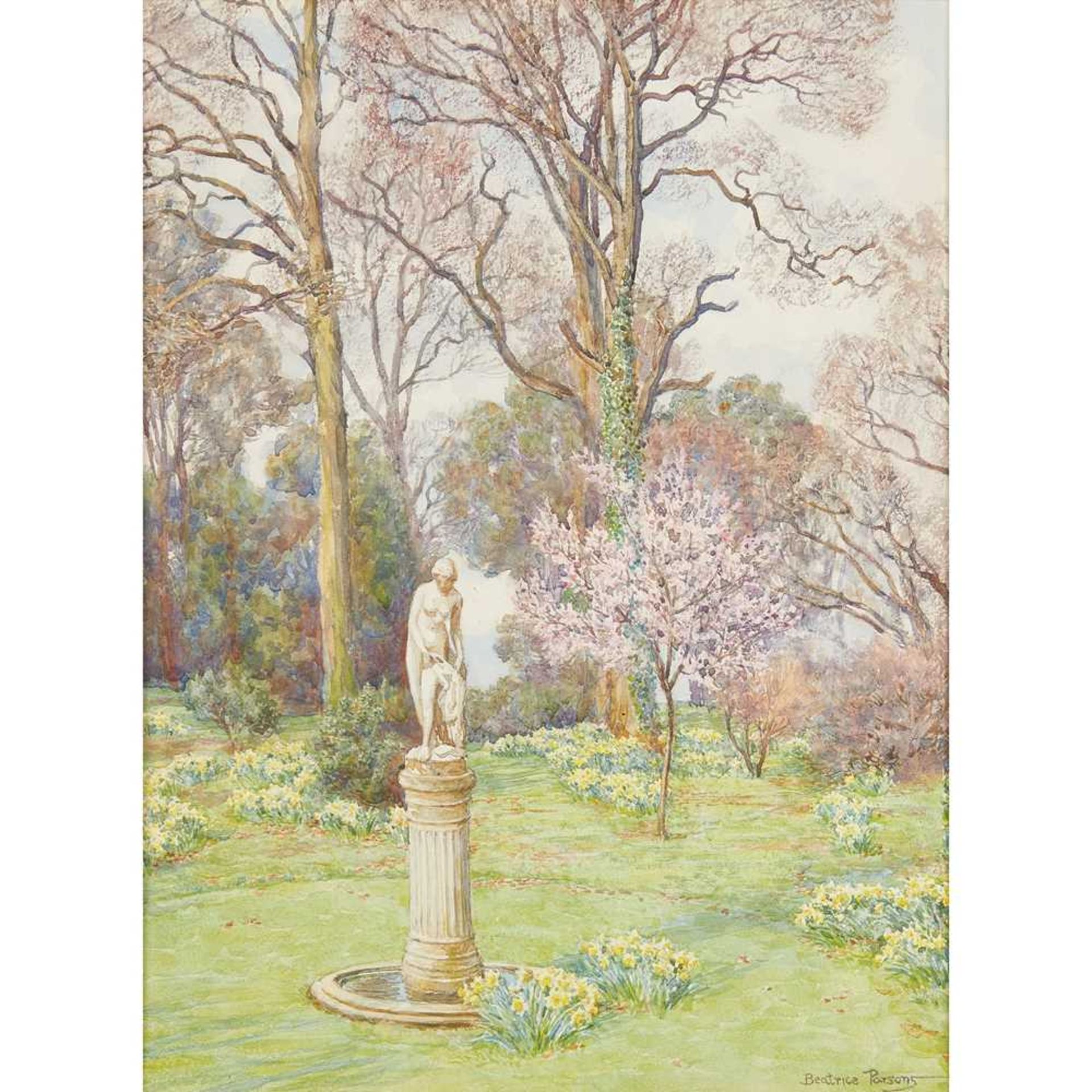 § BEATRICE E PARSONS (BRITISH 1870-1955) STATUETTE AND BIRD BATH, THE LODGE, BEMBRIDGE