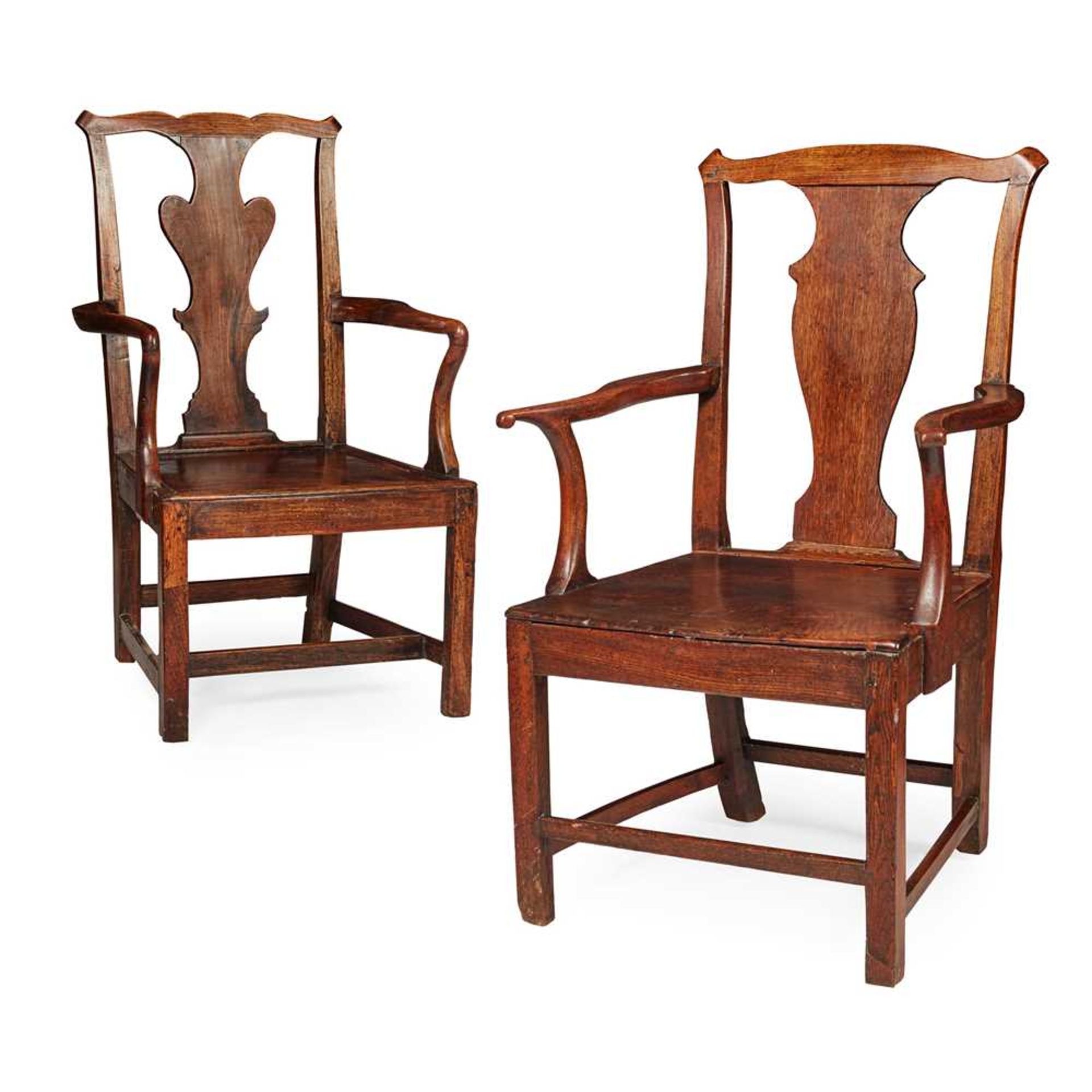 TWO GEORGIAN PROVINCIAL OAK AND ELM OPEN ARMCHAIRS 18TH CENTURY