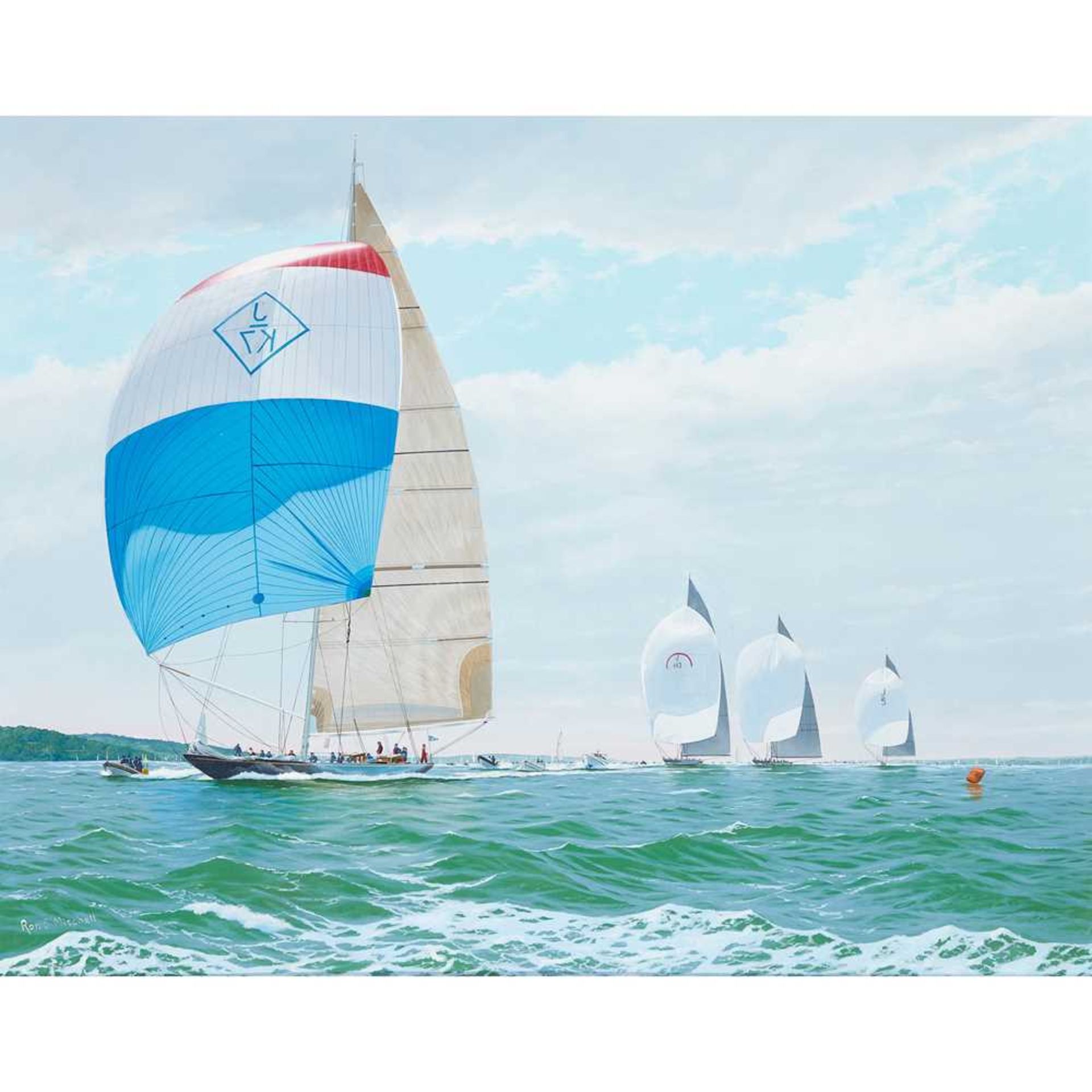 § RON C MITCHELL (BRITISH B.1960) J CLASSS YACHTS ON THE SOLENT