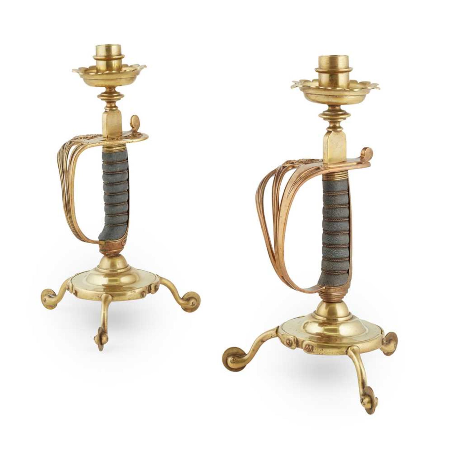 PAIR OF ENGLISH ARMY SWORD HILT CANDLESTICKS 19TH CENTURY